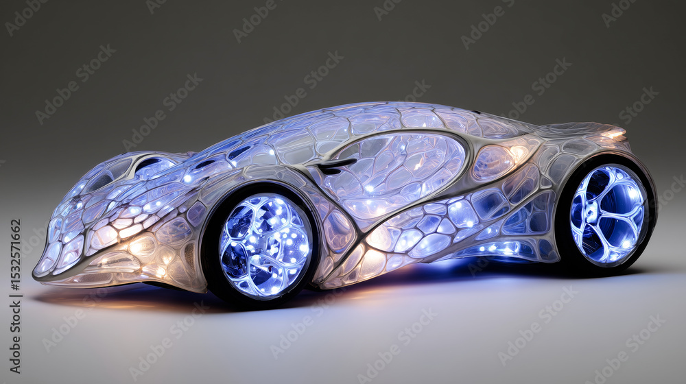 Poster A bioengineer is showcasing an innovative vehicle model made from artificial biotissue.