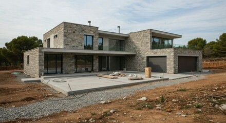 Modern stone house under construction, concrete patio, and surrounding site work