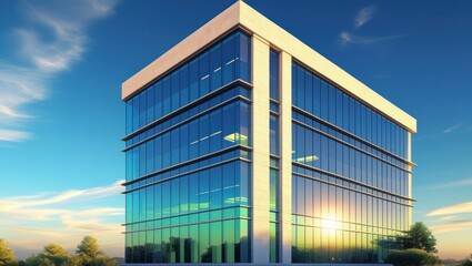 A photographically realistic rendering of a modern multi-storey office building set against a brilliant blue morning sky, with warm sunlight casting a golden glow on the sleek glass façade, reflecting