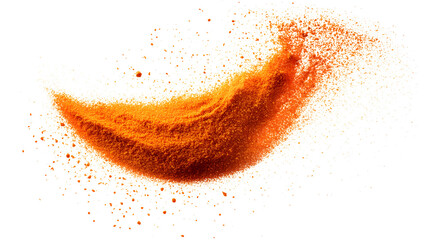 Orange spice powder in a dynamic, swirling motion against a white background