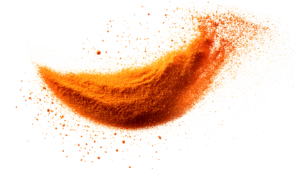 Orange spice powder in a dynamic, swirling motion against a white background