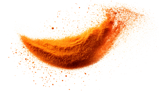 Orange spice powder in a dynamic, swirling motion against a white background