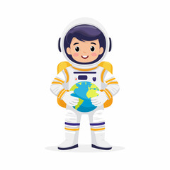 Flat vector of a young astronaut in a full space suit holding a small planet model, cartoon-style minimal character for science, exploration, or space education themes