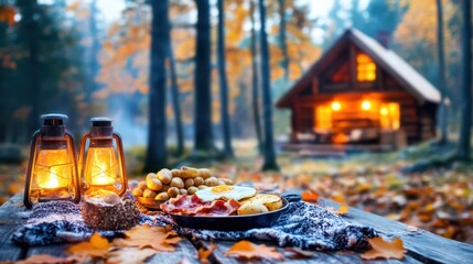 Cozy Cabin Breakfast: A warm, inviting outdoor setting of a cabin in the woods and warm food on the table, evoking a sense of comfort and home, perfect for illustrating themes of retreat, peace.