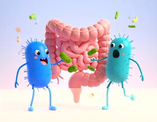 Cartoon bacteria interact with intestines
