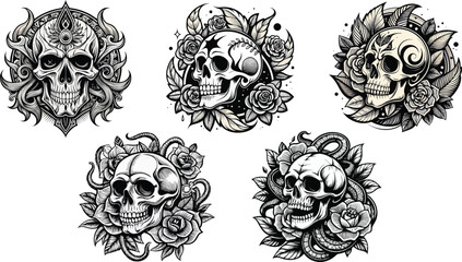 set of skulls tattoo pattern, illustration, vector art