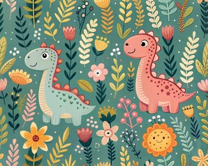 Seamless Pattern with Cute Colorful Dinosaurs – Fun Dinosaurs Animal Illustration for Kids and Nursery Wall Art Background, Textile or Fabric Prints