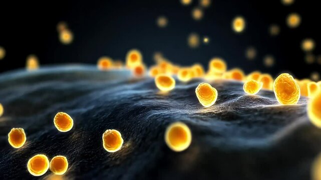 Golden microorganisms gently undulate across a textured surface