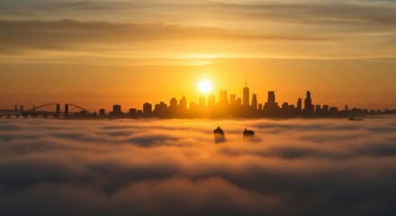 Obraz premium City skyline rising above a sea of clouds at sunrise (1)
