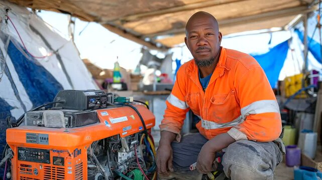 Beneath a temporary canopy, an engineer in a high-visibility orange uniform kneels beside a chugging orange generator, surrounded by electrical tools, fuel canisters, and humming c