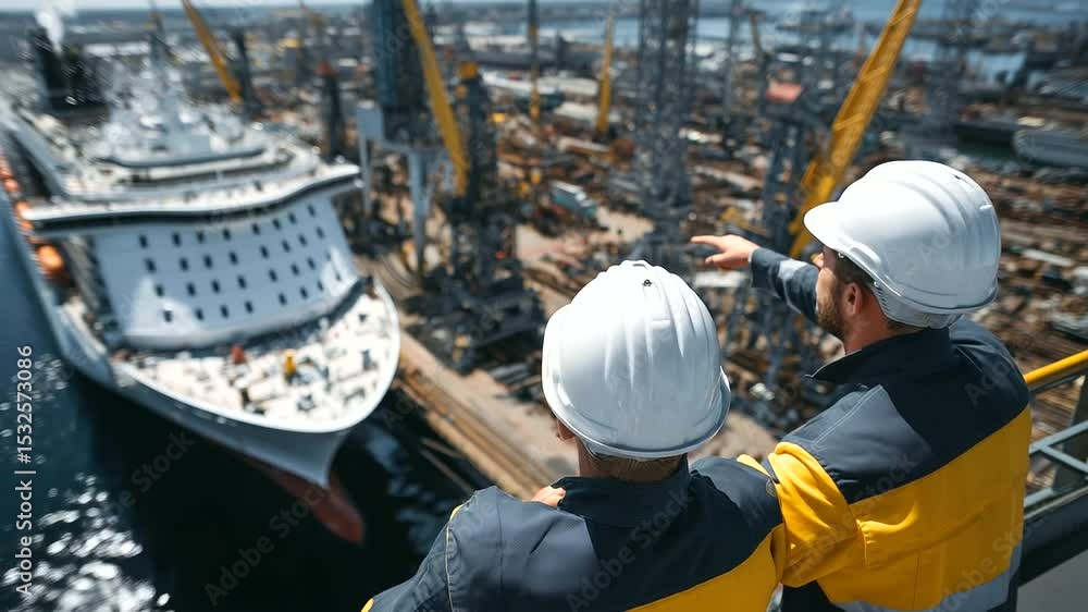 Poster bird’s-eye view of massive shipyard, two workers highlighted at edge of dock pointing at bow of ship