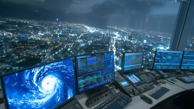 Bird&rsquo;s-eye view of meteorological headquarters glowing in blue light, hurricane data streams on massive central dashboard, storm alert siren visible on screen