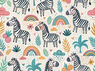 Seamless Pattern with Cute Colorful Zebra. Hand Drawn Animal Background Illustration for Kids and Nursery Design