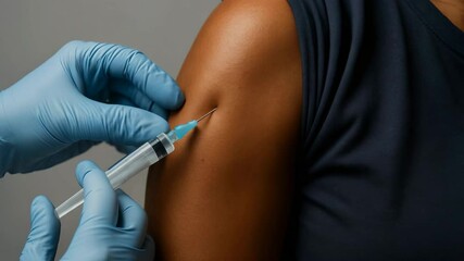 Healthcare worker is giving vaccine injection into patient's arm, showcasing the syringe and gloved hand in a clinical setting - Powered by Adobe