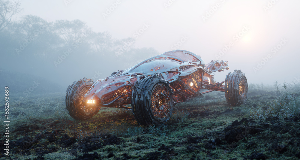 Aufkleber A bioengineered vehicle designed with artificial muscular components is positioned in a foggy terrain, highlighting its advanced movement capabilities.