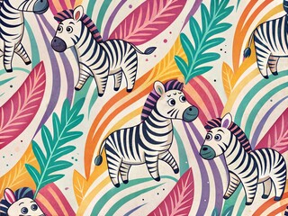 Seamless Pattern with Cute Colorful Zebra. Hand Drawn Animal Background Illustration for Kids and Nursery Design