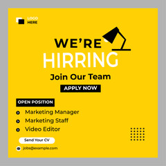 We are hiring recruitment open job vacancy design vector social media post banner template or web banner layout.
