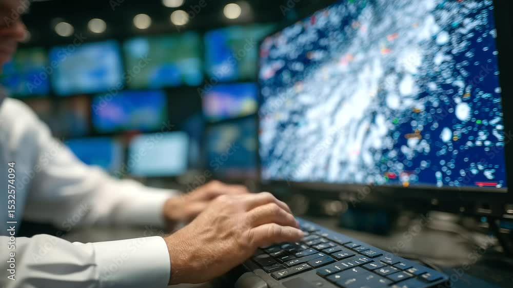 Aufkleber close-up of forecaster's hands typing data into terminal, surrounding monitors show hurricane trajec