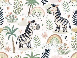 Seamless Pattern with Cute Colorful Zebra. Hand Drawn Animal Background Illustration for Kids and Nursery Design