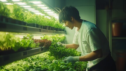 Growing herbs indoors under artificial light with care and attention.