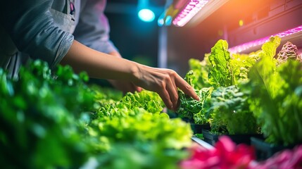 Fresh greens being selected in a vibrant market setting.