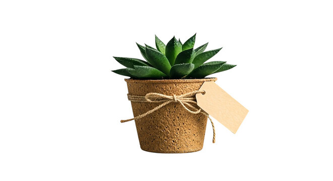 Close up of a succulent plant in a cork pot tied with twine and a blank tag on a white background