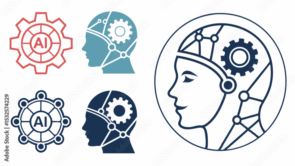 Poster illustration showing ai concepts with gears and human head outlines representing artificial intellig