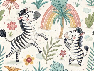 Seamless Pattern with Cute Colorful Zebra. Hand Drawn Animal Background Illustration for Kids and Nursery Design