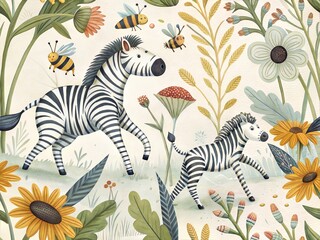 Seamless Pattern with Cute Colorful Zebra. Hand Drawn Animal Background Illustration for Kids and Nursery Design