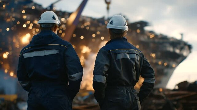 Close-up of two shipbuilders in helmets and coveralls discussing hull alignment, surrounded by towering steel ribs of half-built cargo ship