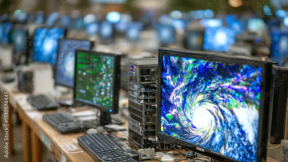 Aufkleber computer monitors blink with colorful storm patterns and numerical pressure readouts as team prepare