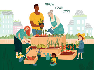 A diverse family gardens together on a rooftop, growing their own food. Urban farming, sustainability, and community in a flat cartoon illustration with tomatoes, herbs, and seedlings.