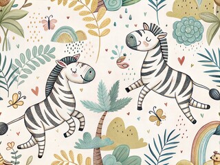 Seamless Pattern with Cute Colorful Zebra. Hand Drawn Animal Background Illustration for Kids and Nursery Design