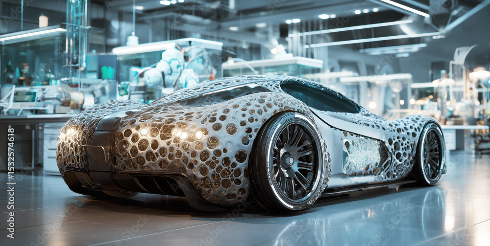 Poster A futuristic vehicle is showcased in a high-tech laboratory, featuring a unique biotissue surface that mimics muscular movement. This design highlights advancements in bioengineering and technology.