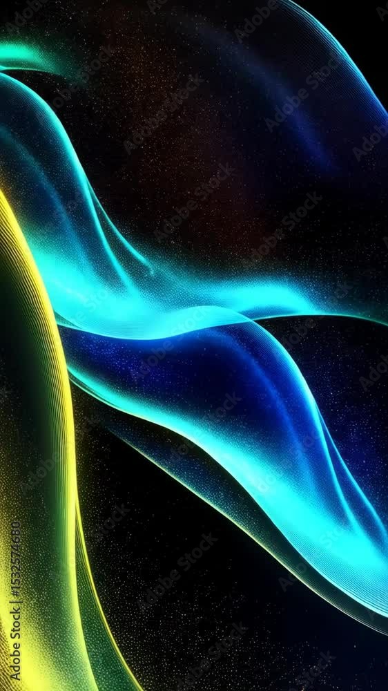 Poster abstract digital wave pattern with yellow and cyan glowing light streams against a starry, dark back