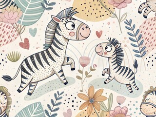 Seamless Pattern with Cute Colorful Zebra. Hand Drawn Animal Background Illustration for Kids and Nursery Design