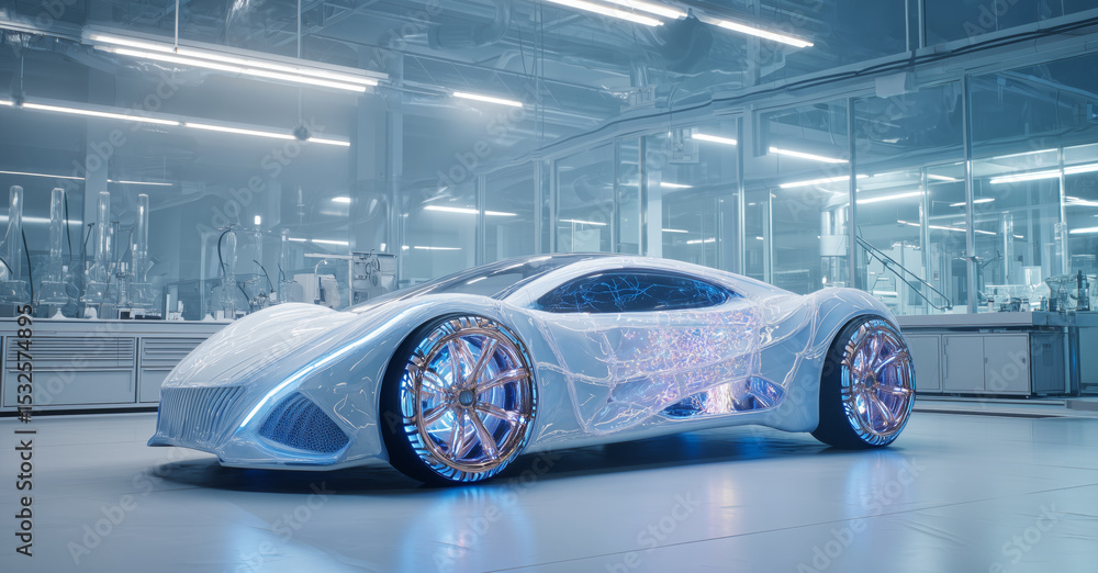 Poster a futuristic vehicle designed by bioengineers highlights the innovative use of artificial biotissue 