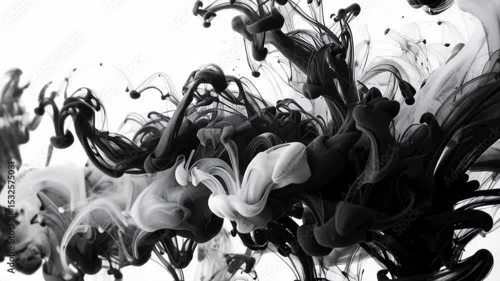 Poster swirling black and white ink plumes mixing dynamically in liquid to form abstract shapes, artistic m