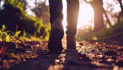 Person walking path, golden light