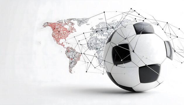 Soccer ball connecting global map lines representing international competition