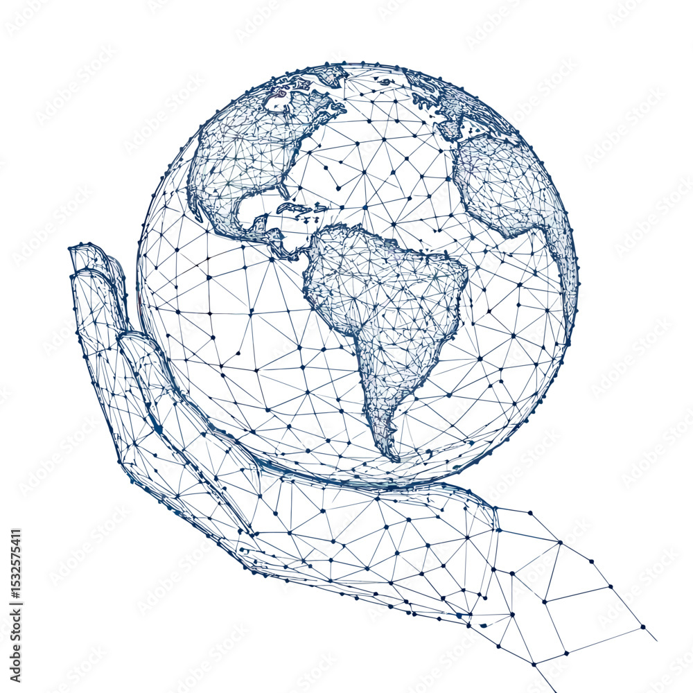 Poster abstract low poly digital hand holding earth globe wireframe with connected dots and lines represent