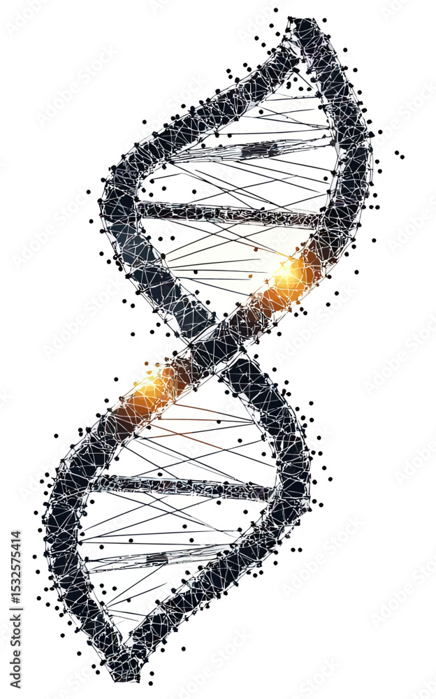 Poster abstract polygonal dna double helix structure with glowing nodes and linked molecular connections in