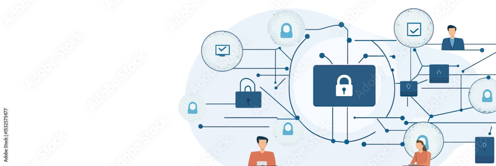 Poster business network security concept with people using devices connected through padlock icons represen