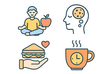 Wellness icons: meditation, nutrition, mental health, relaxation