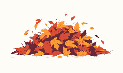 Pile of colorful autumn leaves with red orange and yellow foliage isolated on white background in flat minimalist vector style for seasonal fall design