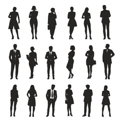 Twenty diverse professional business people silhouettes standing and posing in formal and casual attire isolated on white background vector illustration set