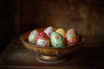 Colorful Decorated Easter Eggs in Ornate Vintage Bowl, Traditional Hand-Painted Designs with Floral Patterns, Rustic Wooden Background for Holiday Celebration Concept
