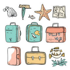 Hand drawn travel luggage suitcase map starfish seashell fish plants flat minimalist vector set for summer vacation adventure icons and sketch elements collection