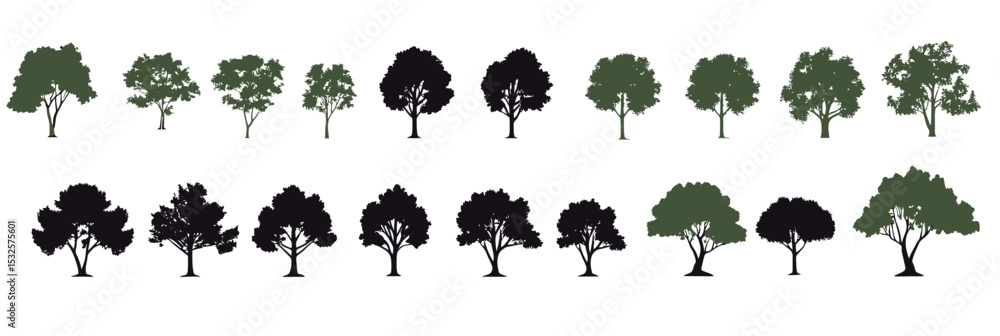 Poster silhouette set of diverse tree shapes isolated on white background including broadleaf and evergreen