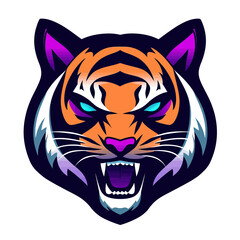 Fierce tiger head logo with glowing blue eyes, open mouth, sharp teeth, vibrant orange and purple colors, vector mascot design for esports and gaming emblem